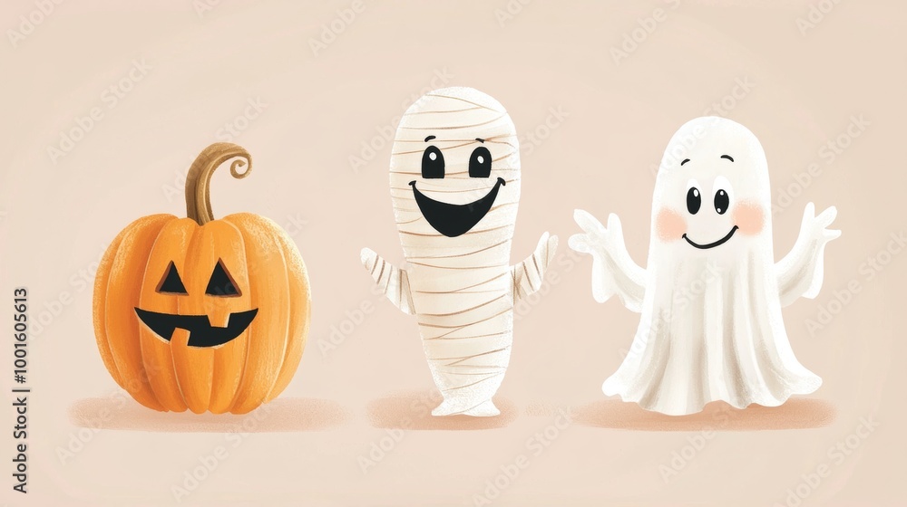 Three cute characters excitedly getting ready for halloween, featuring a mummy, ghost, and jack-o'-lantern smiling happily. Perfect for festive designs like cards, banners, and posters Three cute characters excitedly getting ready for halloween, featuring a mummy, ghost, and jack-o'-lantern smiling happily. Perfect for festive designs like cards, banners, and posters