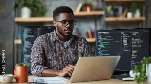 Portrait of african american developer using laptop to write code sitting at desk with multiple screens parsing algorithm in software agency. Coder working on user interface using portable computer.