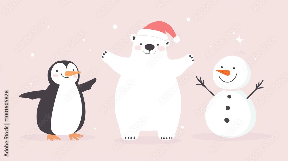 Cheerful polar bear wearing a santa hat, a friendly penguin, and a jolly snowman are enjoying the festive spirit of christmas Cheerful polar bear wearing a santa hat, a friendly penguin, and a jolly snowman are enjoying the festive spirit of christmas