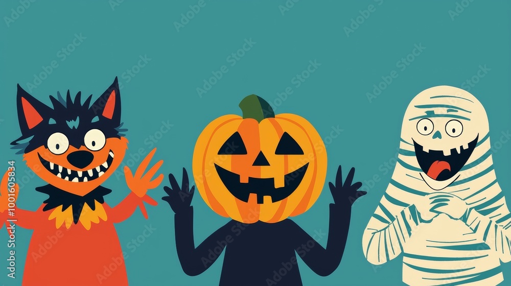 Werewolf, a jack-o'-lantern, and a mummy are posing on a teal background. They are wearing costumes and celebrating halloween Werewolf, a jack-o'-lantern, and a mummy are posing on a teal background. They are wearing costumes and celebrating halloween