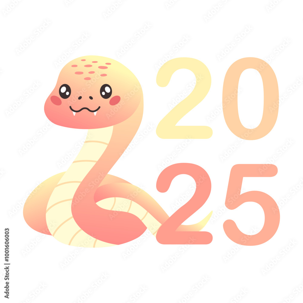 Fototapeta premium Happy Chinese New Year 2025. Year of the snake. Cartoon cute pink snake in flat style isolated on white. Vector illustration for greeting card, sticker, background.