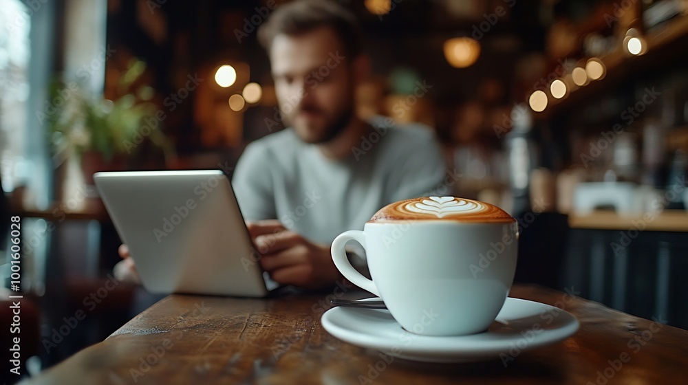 Man Checking Emails Coffee Break Concept : Generative AI Man Checking Emails Coffee Break Concept : Generative AI