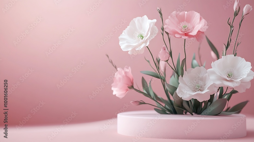 Composition with plaster podium and beautiful eustoma flowers on pink background : Generative AI Composition with plaster podium and beautiful eustoma flowers on pink background : Generative AI