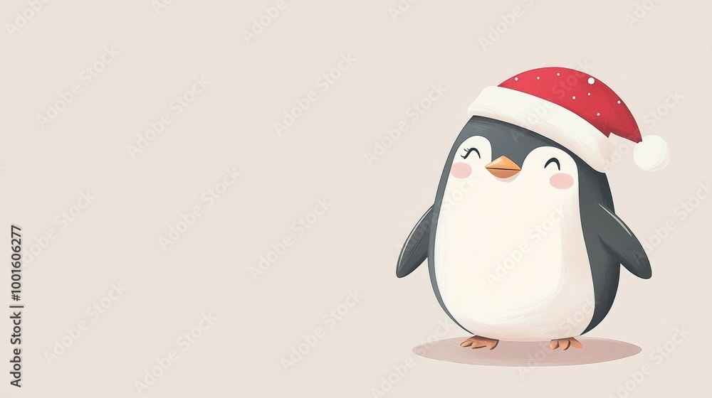 Fototapeta premium Cute penguin in a santa hat smiles in a festive christmas illustration, adding joy to the holiday season with a playful design against a snowy background. Ideal for kids to enjoy
