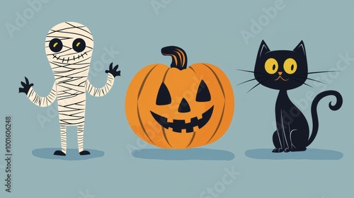 Cartoon illustration featuring a smiling mummy waving, a carved pumpkin, and a black cat sitting, all set against a blue background photo