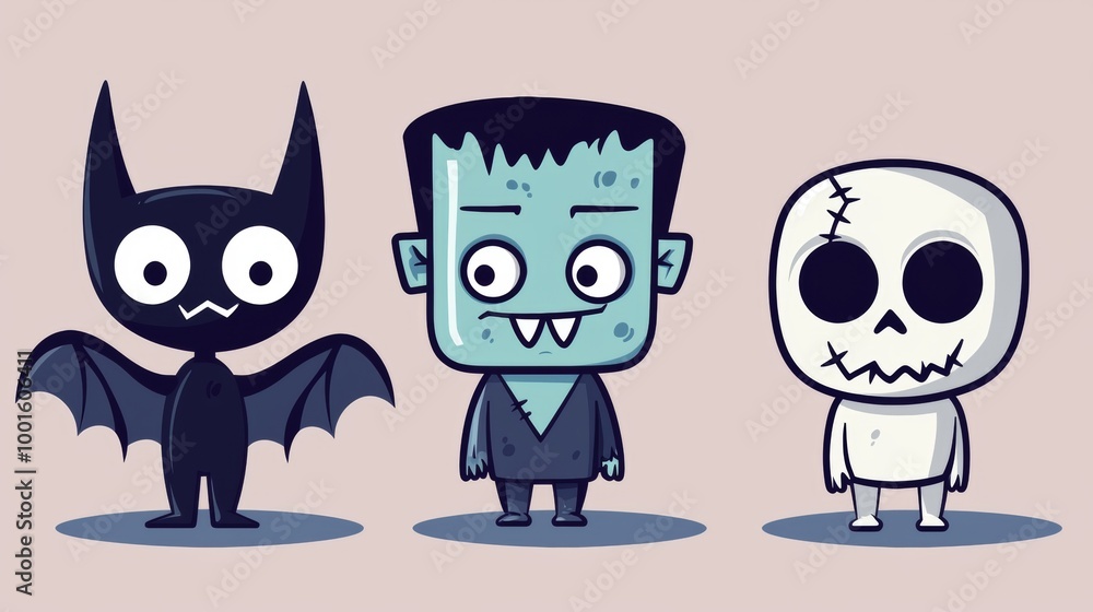 Smiling vampire, bat, and skeleton are posing together in this fun and spooky illustration perfect for halloween projects Smiling vampire, bat, and skeleton are posing together in this fun and spooky illustration perfect for halloween projects
