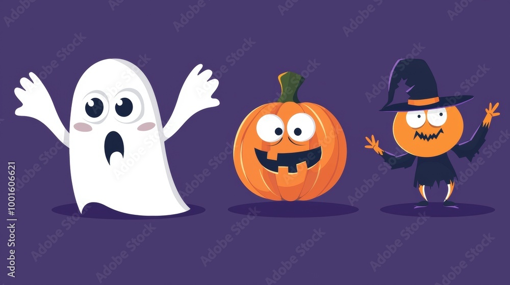 Cute ghost is looking surprised next to a smiling jack-o'-lantern and a dancing pumpkin wearing a witch hat. Perfect for halloween projects that require a spooky and funny touch Cute ghost is looking surprised next to a smiling jack-o'-lantern and a dancing pumpkin wearing a witch hat. Perfect for halloween projects that require a spooky and funny touch