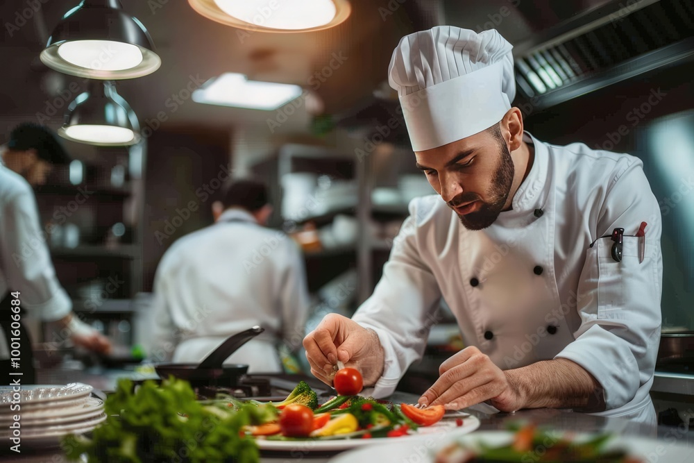 A chef is preparing food in a kitchen, generative ai image A chef is preparing food in a kitchen, generative ai image