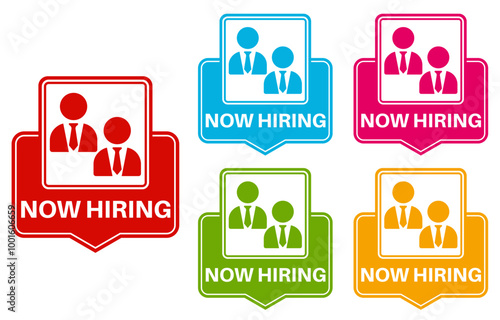 Set banner now hiring icon sign. Announcement hire employee symbol label badge sticker template design vector illustration	