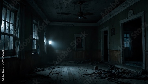 Inside a haunted house at night.