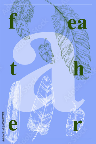Feather poster. Bird flying plumage line sketch. Text word. Graphic lettering. Animal wing. Letter font. Poetry writer quill. Decorative fluffy plume. Vector abstract banner design