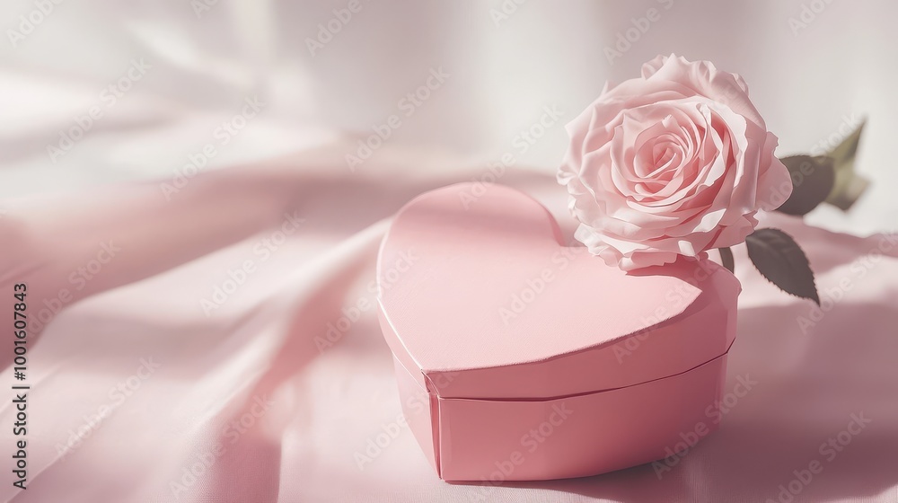 A charming heart-shaped gift box rests beside a beautiful single rose, perfect for expressing love A charming heart-shaped gift box rests beside a beautiful single rose, perfect for expressing love