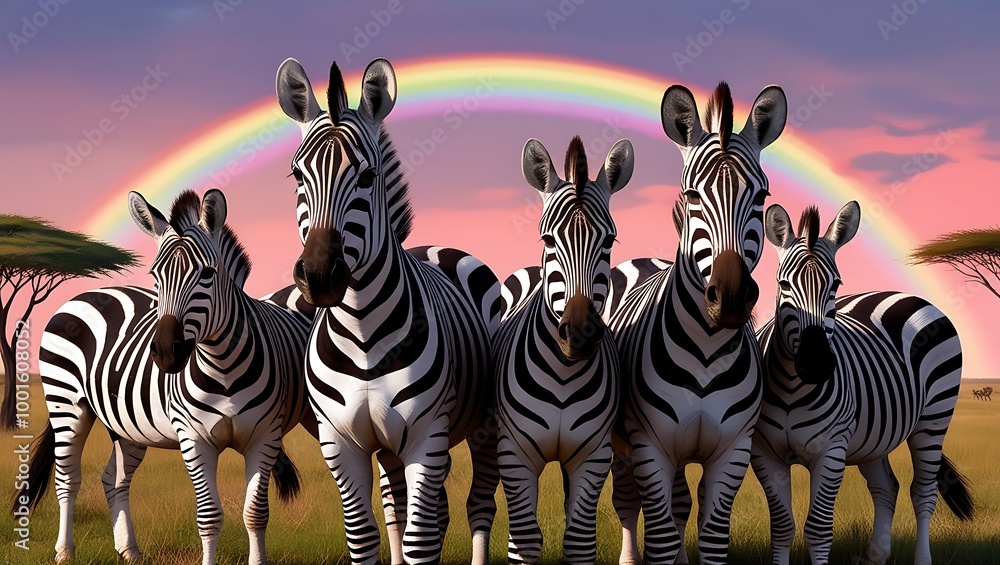Fototapeta premium This enchanting image captures a group of zebras standing together in the savanna, set against the breathtaking backdrop of a vibrant rainbow arcing gracefully across the sky.