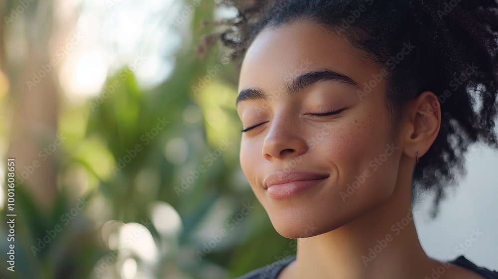 portrait of a smiling woman meditating with her eyes closed, concept of spiritual balance, positive mindset and mental wellbeing portrait of a smiling woman meditating with her eyes closed, concept of spiritual balance, positive mindset and mental wellbeing