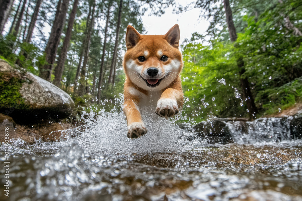 Shiba Inu Dog Joyfully Splashing Through Forest Stream, Energetic Shiba Inu leaping through a forest stream, creating water splashes. The dog enjoys a playful moment in a lush, natural environment.
Shiba Inu Dog Joyfully Splashing Through Forest Stream, Energetic Shiba Inu leaping through a forest stream, creating water splashes. The dog enjoys a playful moment in a lush, natural environment.