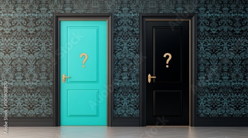 Two mysterious doors in a stylish interior with ornate wallpaper and intrigui...