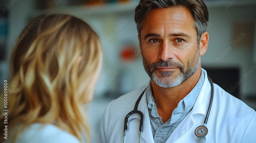 man doctor in a white lab coat with a stethoscope around their neck in a well-lit medical office man doctor in a white lab coat with a stethoscope around their neck in a well-lit medical office