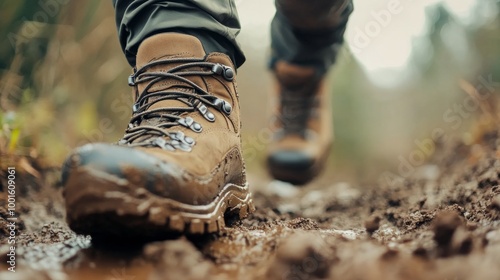 Hiker navigating a muddy trail during a rainy day in a forested area