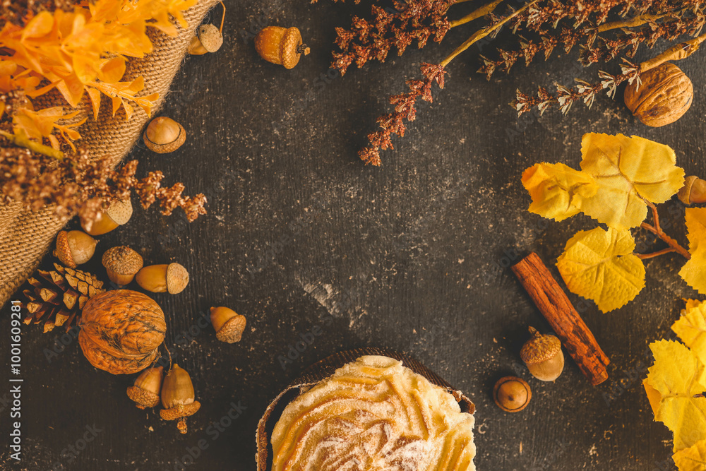 Autumn flat lay of leaves and decor Autumn flat lay of leaves and decor