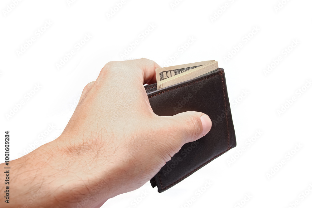 Dollars money in your wallet and hands on a white background Dollars money in your wallet and hands on a white background