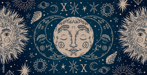 Celestial sun and moon. Tarot vintage card, mystic zodiac star and pattern with esoteric astrology amulet. Abstract mystical horoscope creative banner. Bohemian style. Vector background