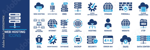 Web hosting icon set. Containing cloud computing, server, domain, firewall, internet, FTP, database, SSL, data hosting and more. Solid vector icons collection.