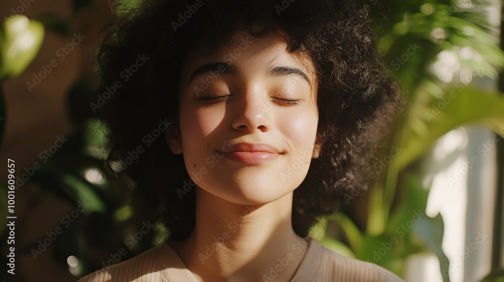 portrait of a smiling woman meditating with her eyes closed, concept of spiritual balance, positive mindset and mental wellbeing portrait of a smiling woman meditating with her eyes closed, concept of spiritual balance, positive mindset and mental wellbeing