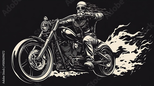 Biker on Motorcycle with Skull Helmet and Flames Illustration photo