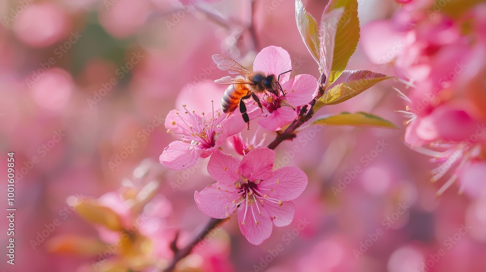 Bees pollinating flowers in vibrant orchard. Bee colony pollinating orchard blossoms in a closeup Bees pollinating flowers in vibrant orchard. Bee colony pollinating orchard blossoms in a closeup