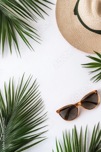Summer vacation essentials arranged with tropical leaves, sunglasses, and a s...
