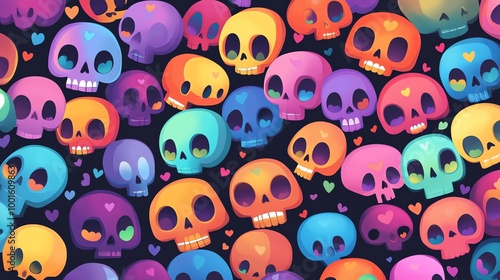 Vector illustration of cartoon monster skulls and eyes on black background