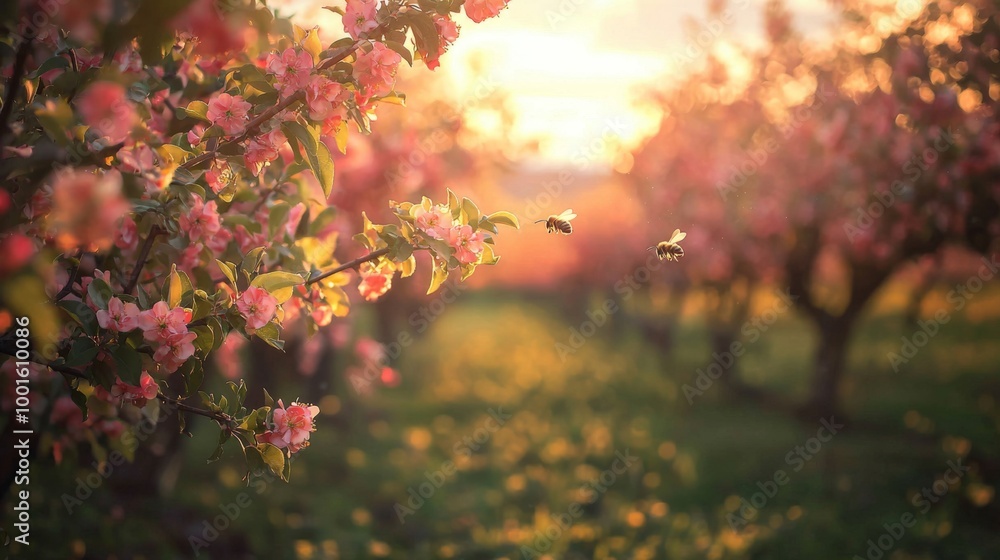 Bees pollinating flowers in vibrant orchard. Bee colony pollinating orchard blossoms in a closeup Bees pollinating flowers in vibrant orchard. Bee colony pollinating orchard blossoms in a closeup