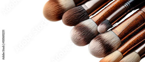 A collection of professional makeup brushes with wooden handles, ideal for cosmetic application and beauty routines.