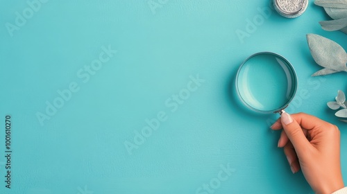 A hand holding a magnifying glass over a teal background highlighting focus a...