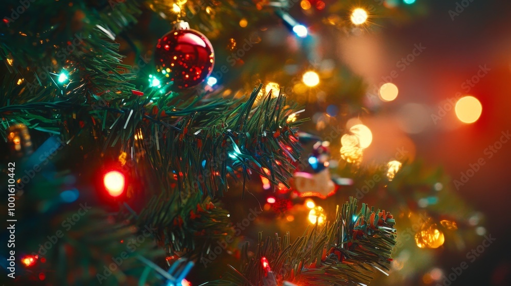 Christmas lights and toys on Christmas tree background composition Christmas lights and toys on Christmas tree background composition