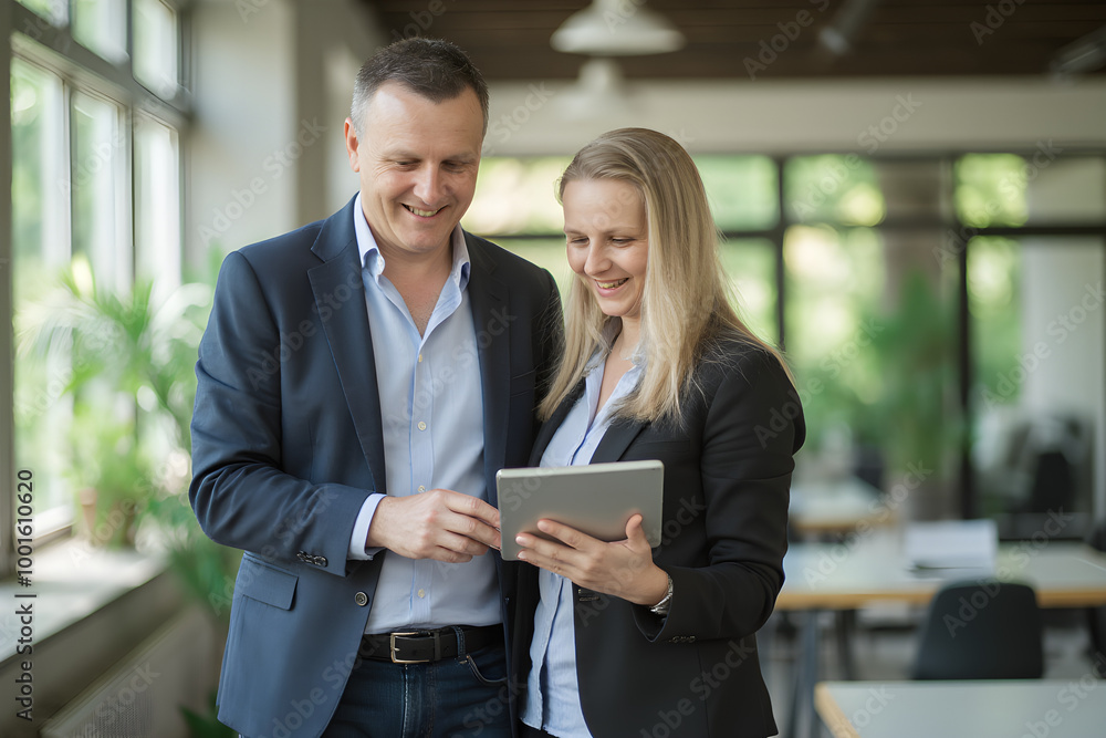 Obraz premium business partners are looking at a tablet