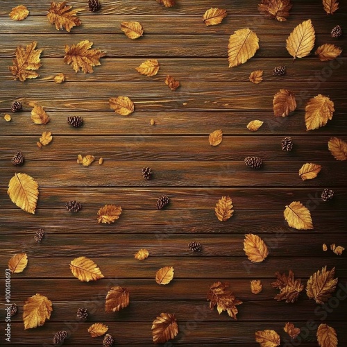 Golden autumn leaves scattered on dark wooden surface creating a seasonal arr...