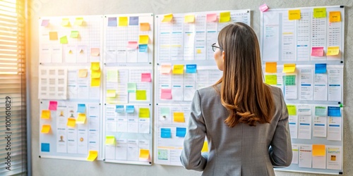 Vista trasera de una empresaria mirando un tablero de anuncios con información empresarial, desarrollo de estrategia de trabajo, esquema metodológico de proyecto y calendario de tareas.