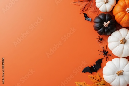 Decorative display of black, white, and orange pumpkins on a vibrant orange b...