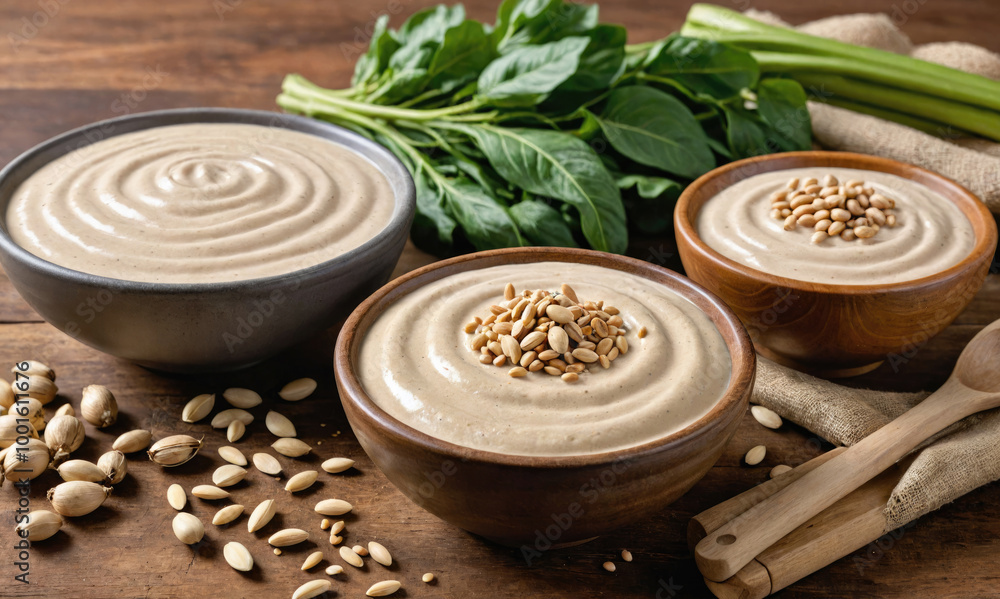 Three bowls of creamy tahini topped with sesame seeds sit on a wooden table Three bowls of creamy tahini topped with sesame seeds sit on a wooden table