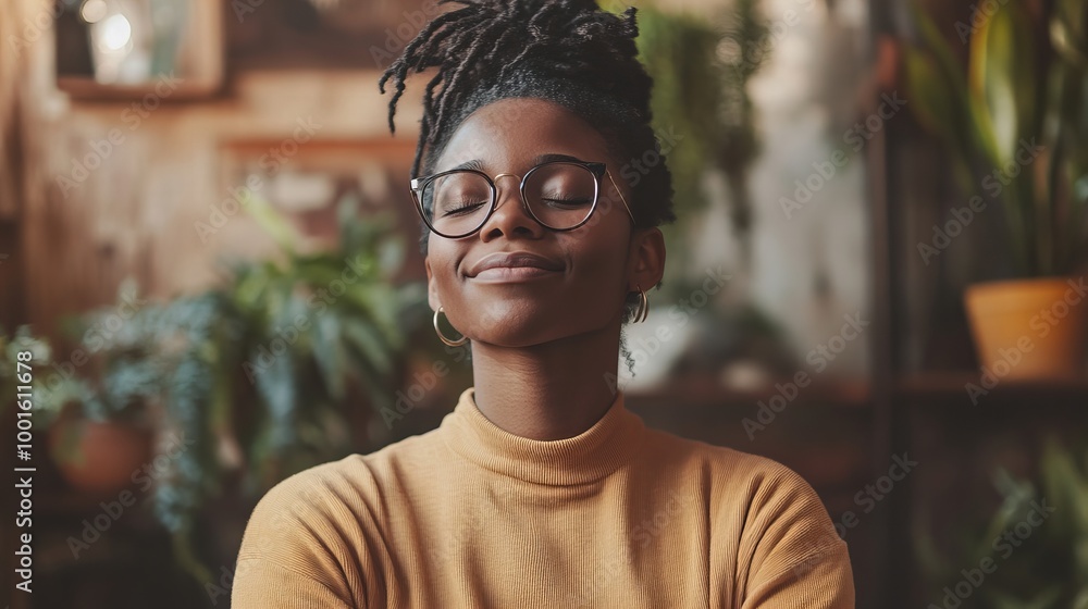 portrait of a smiling woman meditating with her eyes closed, concept of spiritual balance, positive mindset and mental wellbeing portrait of a smiling woman meditating with her eyes closed, concept of spiritual balance, positive mindset and mental wellbeing