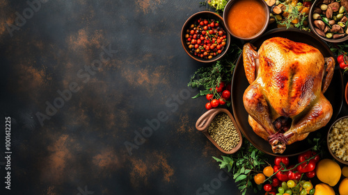 Typical dinner with turkey presented on table. Mockup, backdrop for Thanksgiving. Tasty turkey thanksgiving dinner.