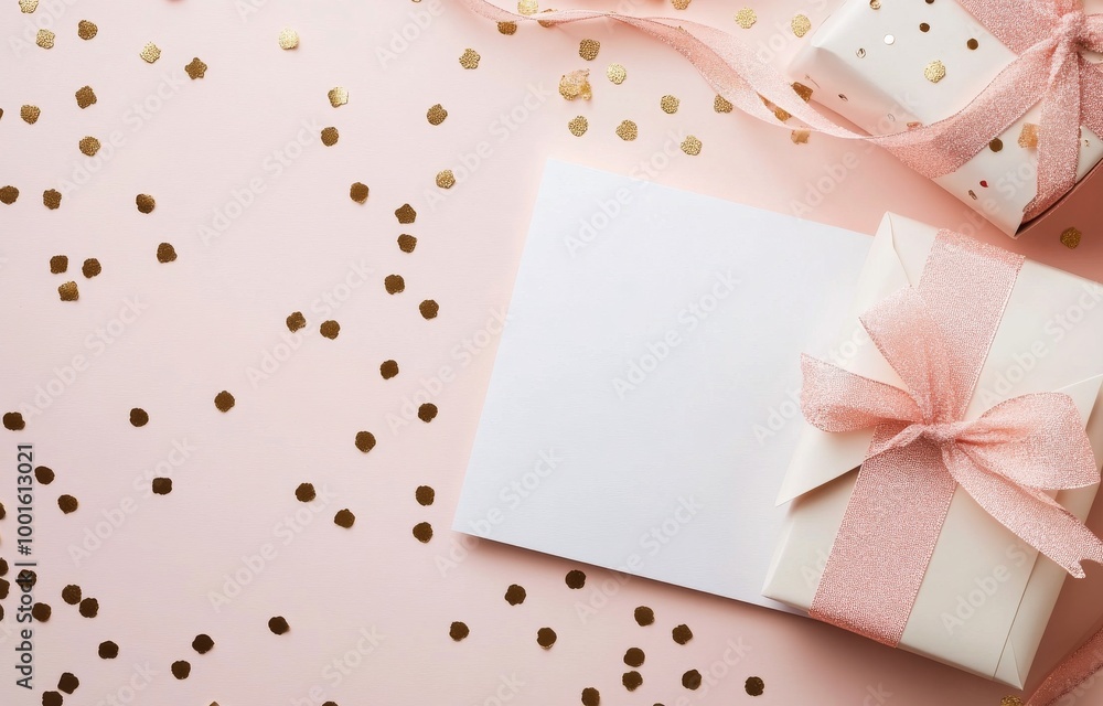Gift wrapping and blank card on a festive pink background decorated with golden confetti Gift wrapping and blank card on a festive pink background decorated with golden confetti