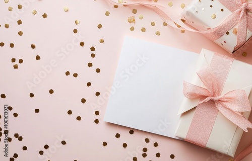 Gift wrapping and blank card on a festive pink background decorated with golden confetti photo