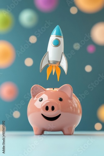 Cute piggy bank launches a rocket in a playful, colorful setting with floatin...