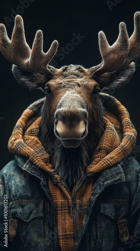 A moose wearing a denim jacket and hoodie stares intensely at the camera.