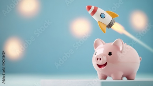 A cheerful piggy bank with a rocket on top against a colorful, blurred backgr...