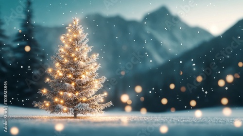 A beautifully lit Christmas tree in a snowy landscape during a winter evening...