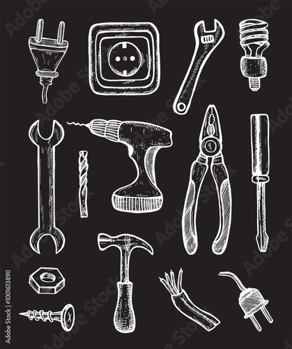set of tools vector sketch. sketch of tools with chalk on a black background vector