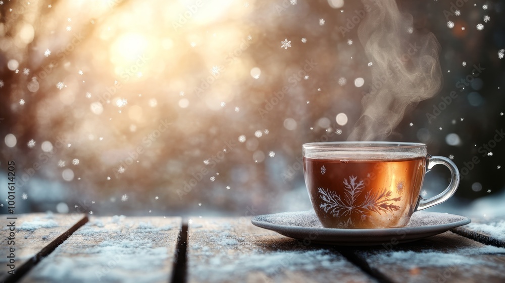Fototapeta premium Cup of hot tea on winter background composition 